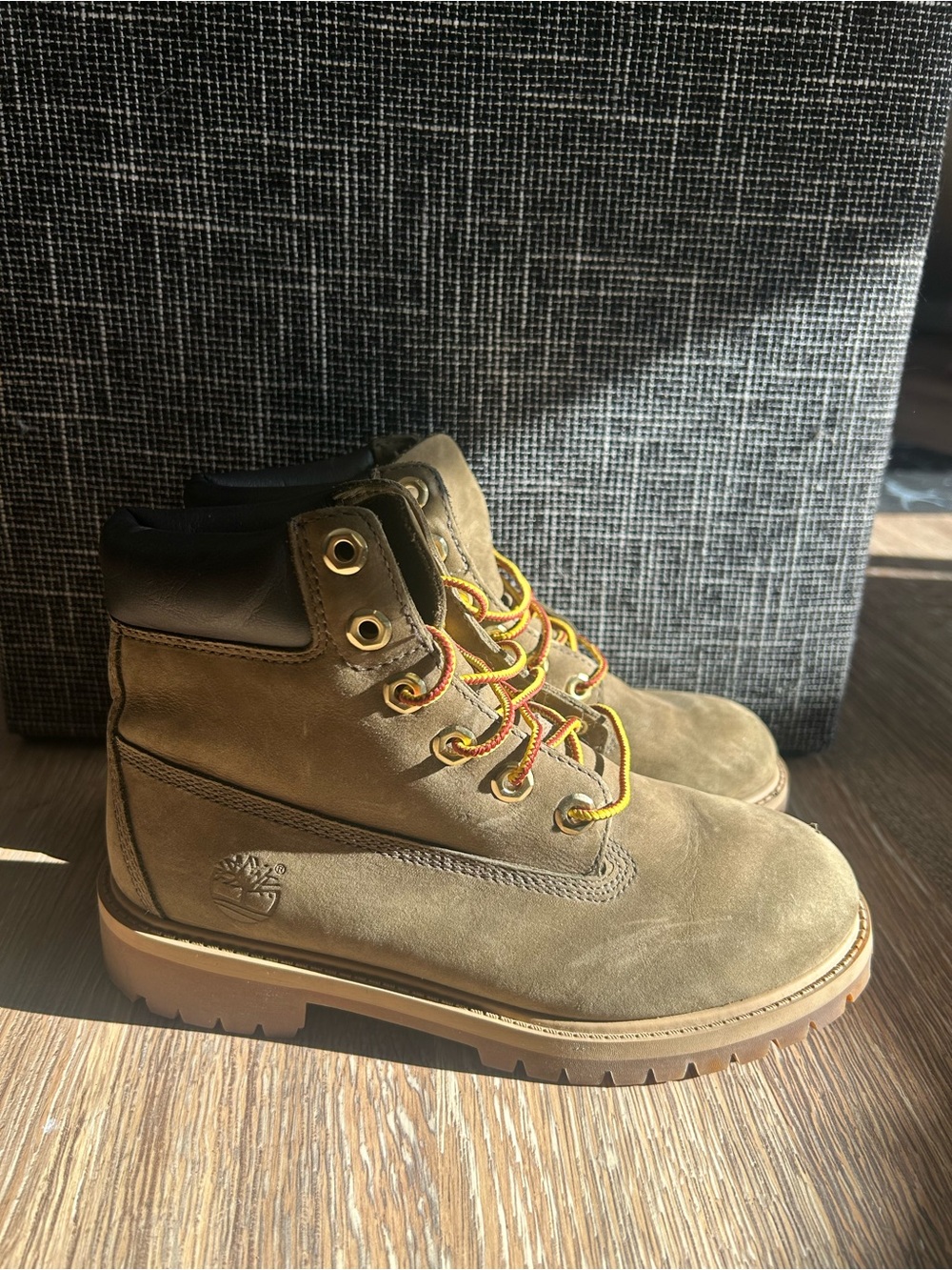 Timberland Wheat Nubuck Work Boots with Yellow/Orange Laces